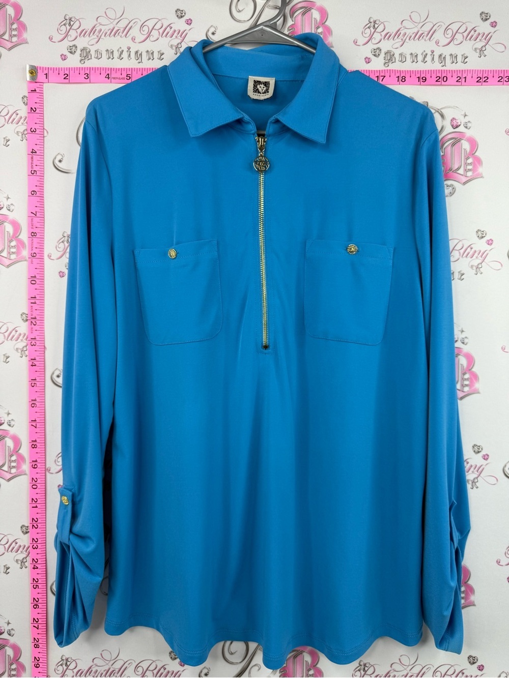 Anne Klein blouse gold Bright Teal Long-Sleeve Zip Polo Blouse shirt collared